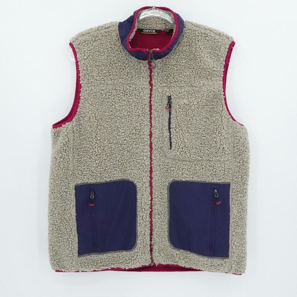 Orvis Vest Mens XL Tan Navy Zip Pockets Red Lined Sherpa Fleece Outdoors‎ Warm